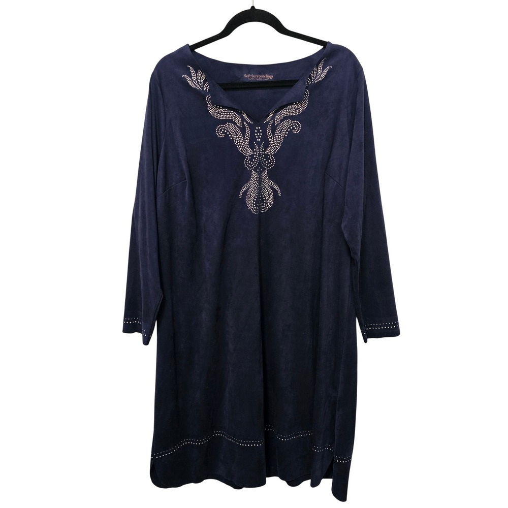 Soft Surroundings 1X Ambrosia Faux Suede Tunic Dress Blue Studded Shift Boho